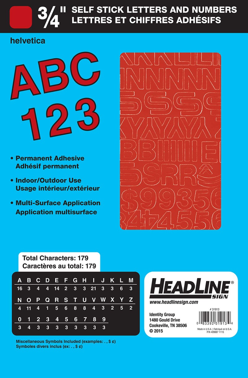 Headline Sign 31913 Stick-On Vinyl Letters and Numbers, Red, 3/4-Inch